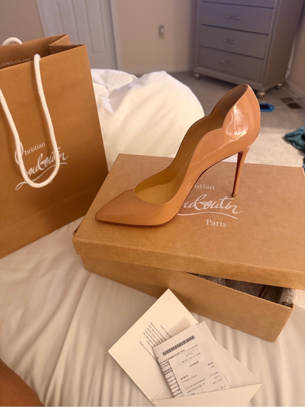 Christian Louboutin Patent Nude/Tan High Scalloped Stiletto Pump